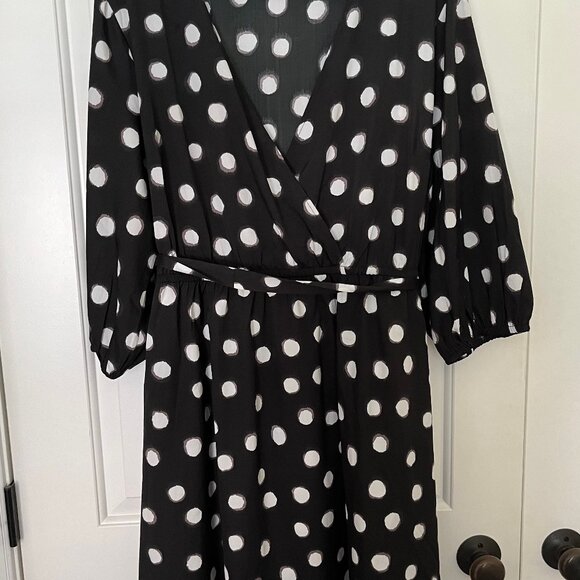 New Look Curve Tie-Waist Faux Wrap Dress 3/4 Sleeve Polka Dot - Picture 3 of 6